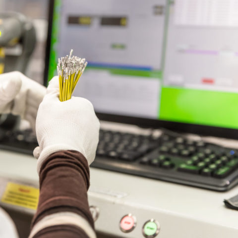 Employee checks the quality of the product, bunch of sliced wires with pins in hands of worker , manufacturing