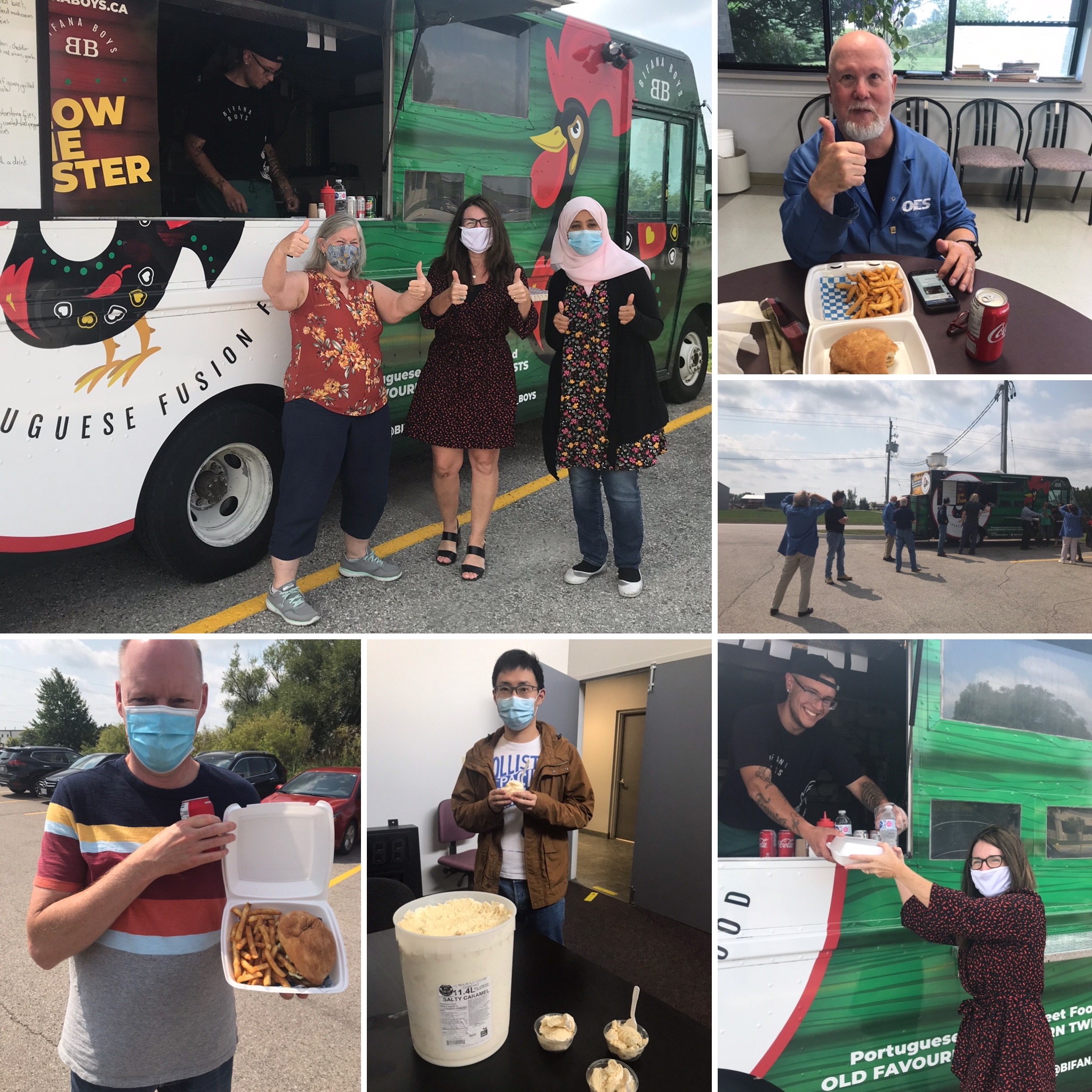 collage of photos showing people wearing face coverings and eating from a food truck