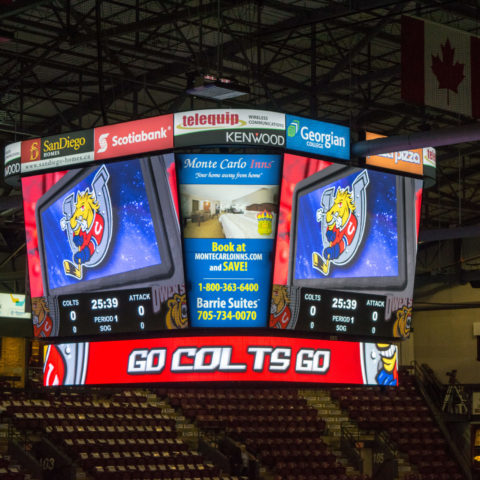 close up of the video display at centre ice at Barrie Molson Centre in Barrie Ontario