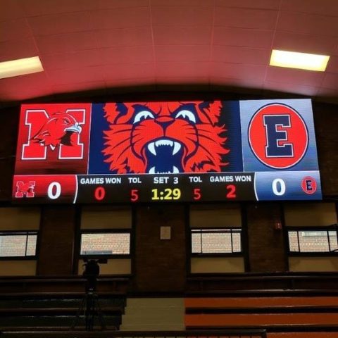 video scoreboard in the basketball gym of Evanston College