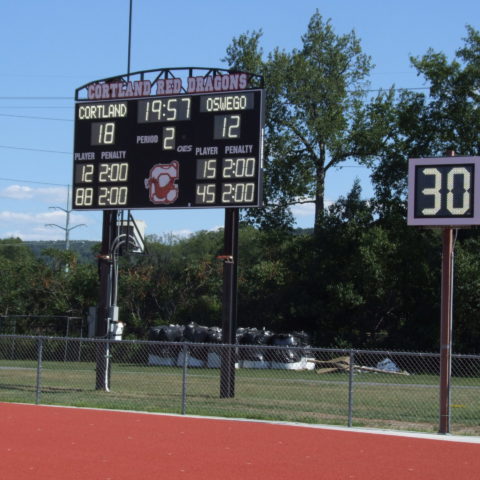 High school football scoreboard with play clock