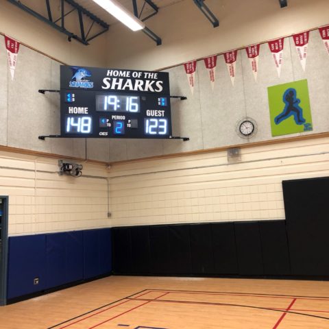 basketball scoreboard with both white and blue LED numbers