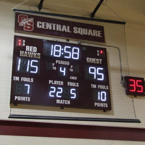 basketball scoreboard showing game stats