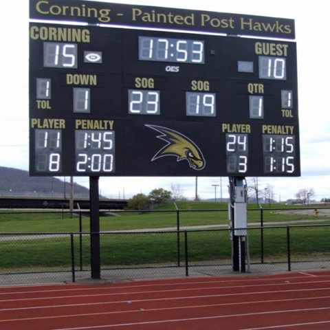 Lacrosse scoreboard showing the score after the first quarter