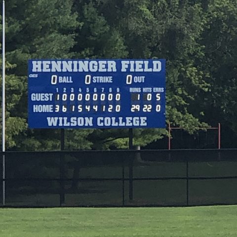 Baseball scoreboard showing score in white LED digits at Wilson College