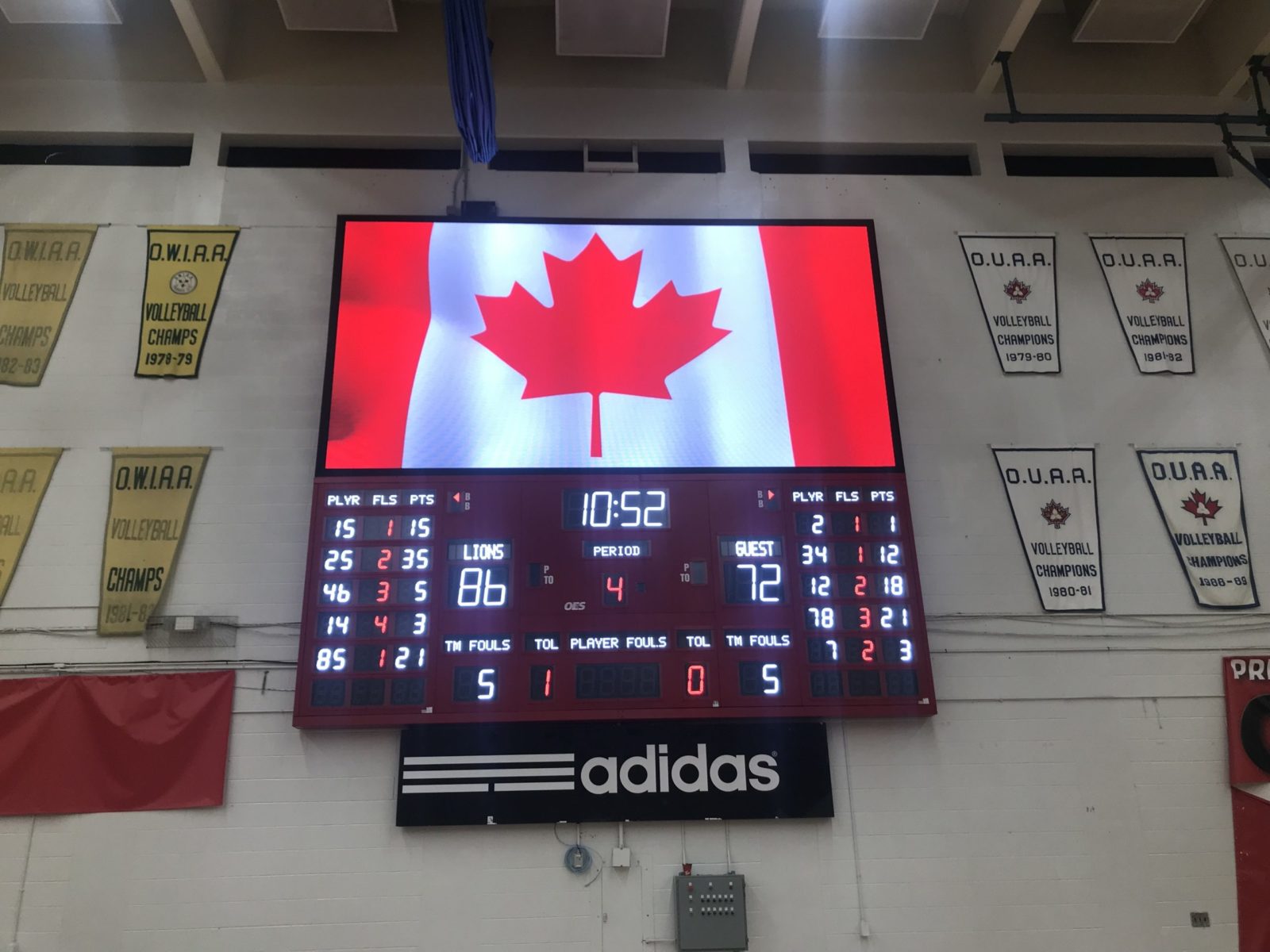 An Indoor scoreboard basketball scoreboard with an LED screen in above.