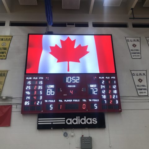 An Indoor scoreboard basketball scoreboard with an LED screen in above.