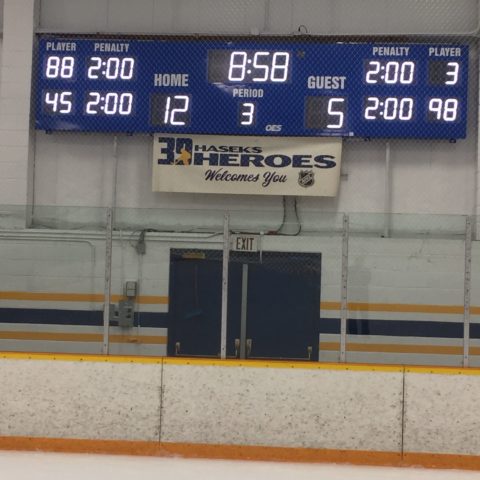 ice hockey scoreboard showing penatly times