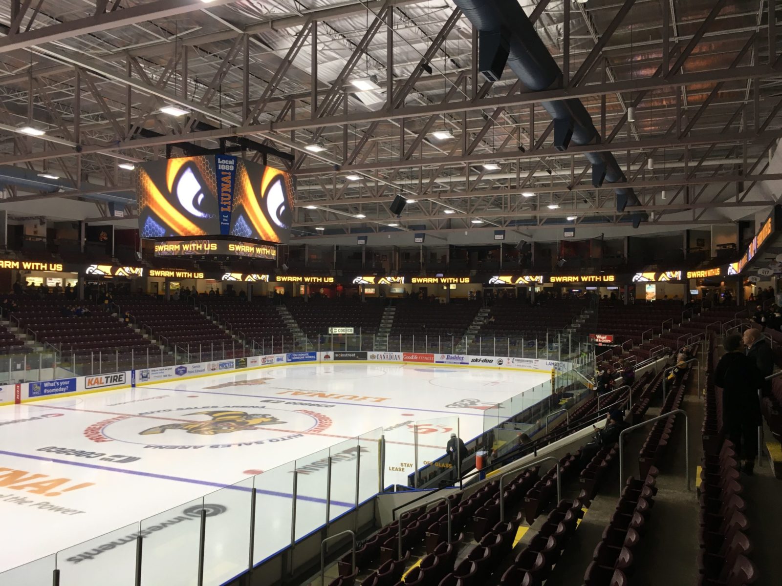 The Sarnia Stadium displaying a new OES scoreboard above a hockey rink.