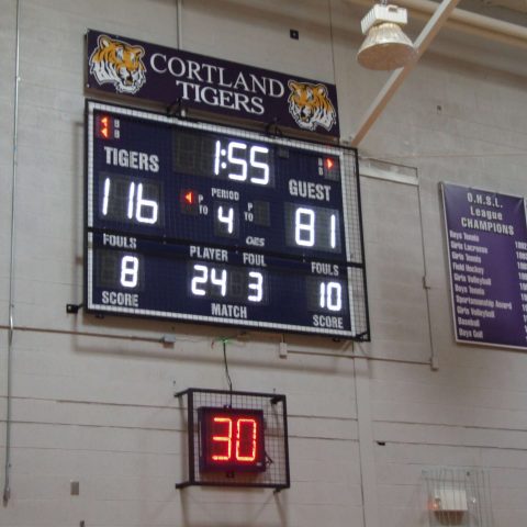 basketball shot clocks with red digits under a scoreboard