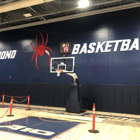 Basketball net at the end of the court