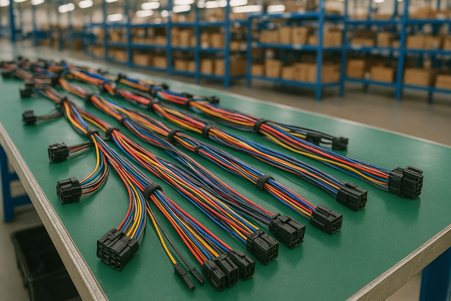 ChatGPT Image Sep 15, 2025, 04_14_17 PM Close-up view of automotive wire harnesses neatly arranged on a production floor.